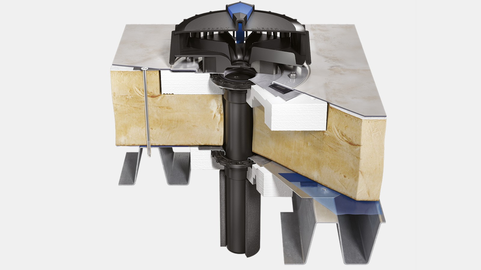 수증기 차단 연결부가 있는 단열 지붕용 Geberit Pluvia 아웃렛 및 방수 레벨 지붕 포일