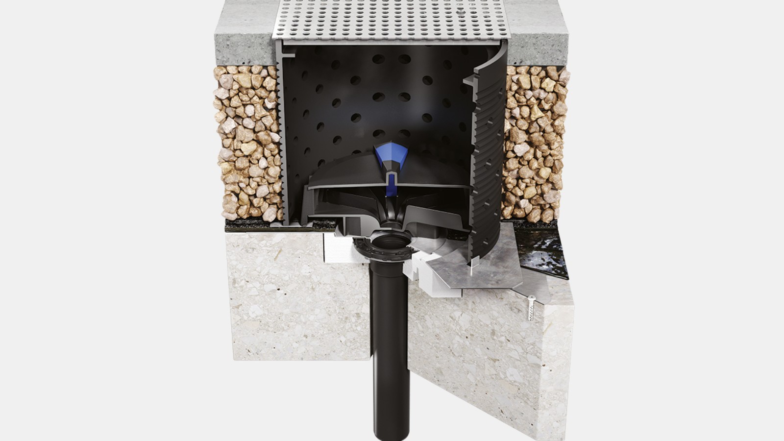 웨이트 베어링 세트가 설치된 Geberit Pluvia 아웃렛