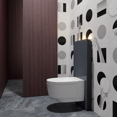 Geberit AquaClean Mera 비데 양변기와 Monolith 위생 모듈이 있는 게스트 화장실(©Bloomrealities/HTA für H.O.M.E. Haus 2022)