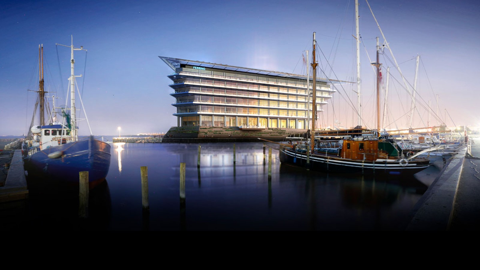 Öresund의 아름다운 전망과 함께 Kopenhagen과 Malmö 사이의 관문: Ferring Pharmaceuticals의 새 본사. (©Foster&Partners)