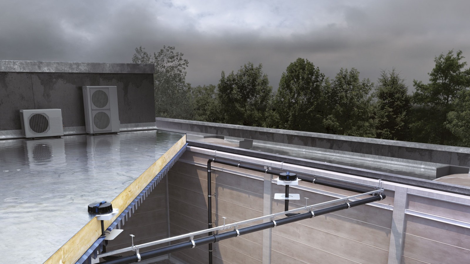 Pluvia 지붕 배수 시스템은 상대적으로 적은 수의 입구 요소로 3개의 타워 모두를 배수할 수 있습니다.