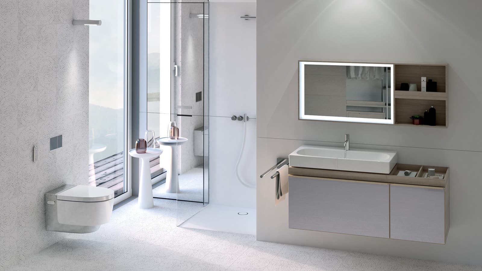 Geberit AquaClean Mera 크롬 비데 양변기가 있는 욕실 Geberit AquaClean Mera 크롬 비데 양변기가 있는 욕실