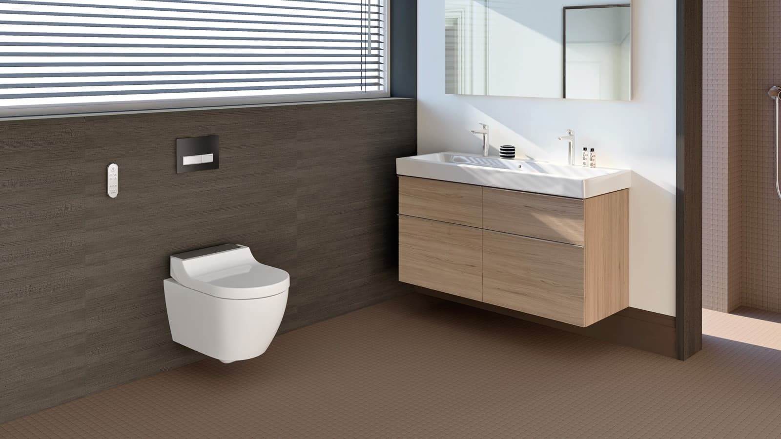 Geberit AquaClean Tuma 비데 양변기가 있는 욕실 Geberit AquaClean Tuma 비데 양변기가 있는 욕실