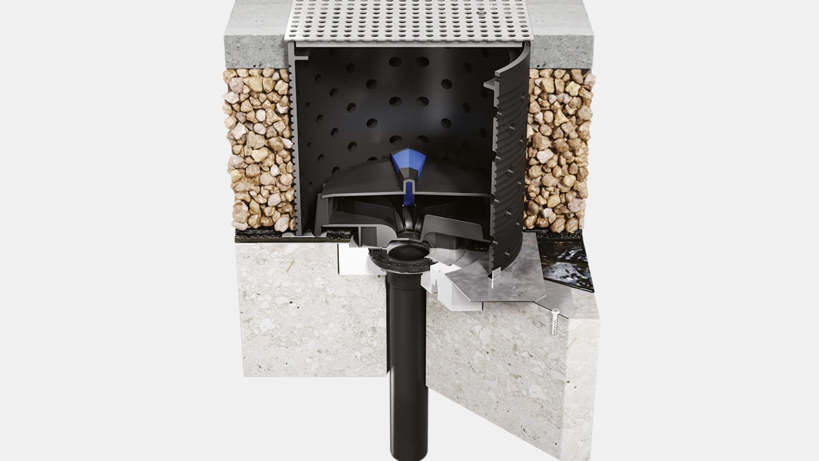 웨이트 베어링 세트가 설치된 Geberit Pluvia 아웃렛 웨이트 베어링 세트가 설치된 Geberit Pluvia 아웃렛