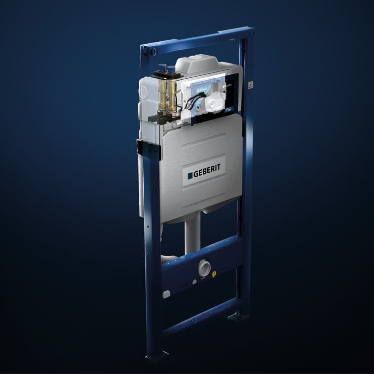 통합된 위생 수세 장치가 있는 Geberit Sigma 은폐 수조. 통합된 위생 수세 장치가 있는 Geberit Sigma 은폐 수조.